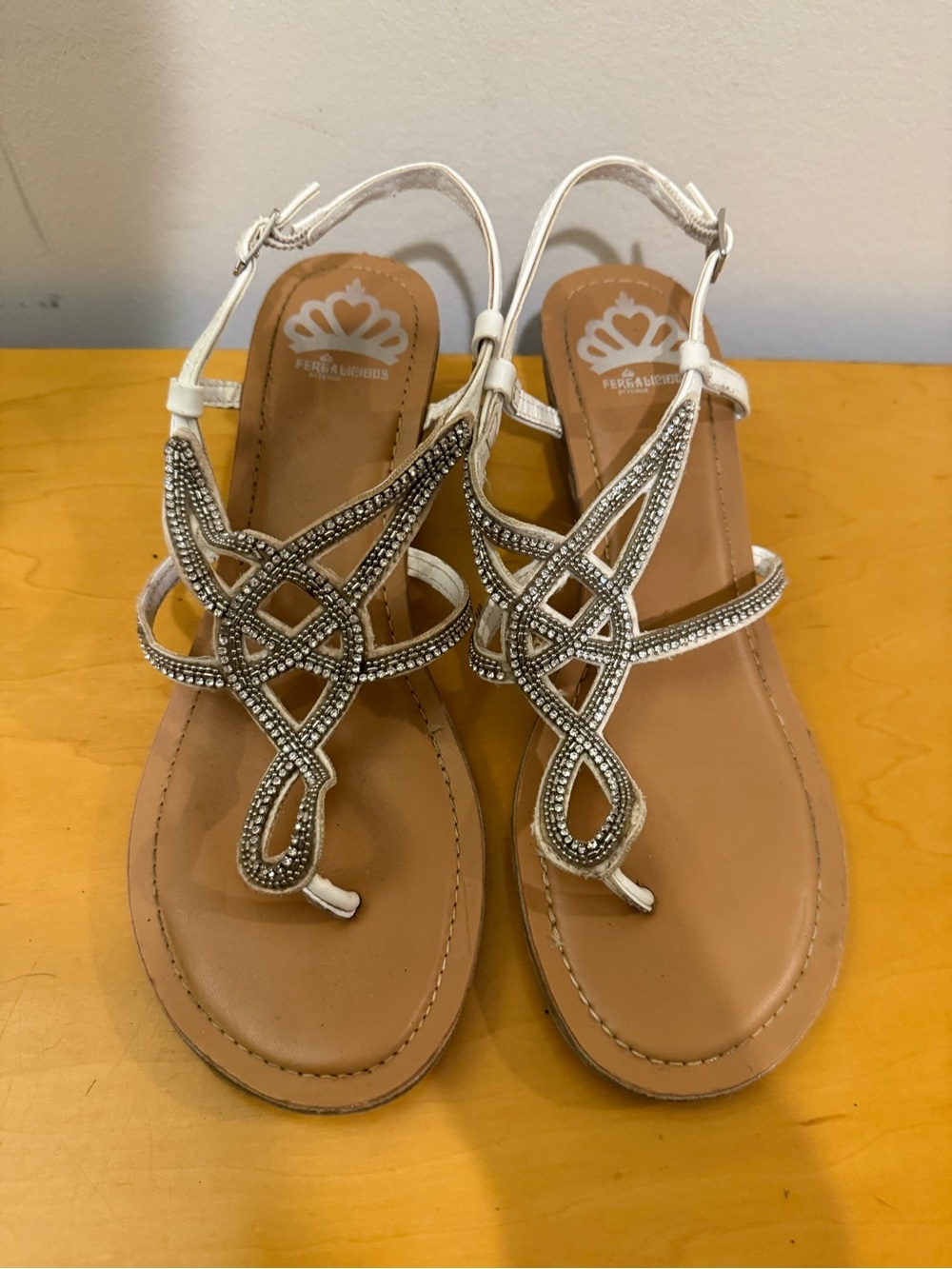 Fergalicious White Beaded T-Strap Rhinestone Sandals